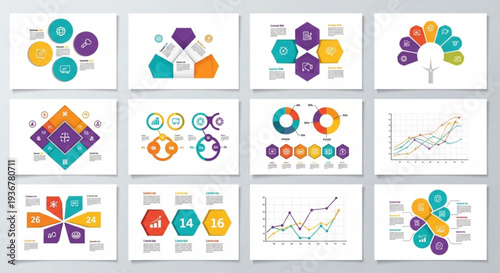 Collection of colorful infographic templates with charts and graphs for business presentations and reports