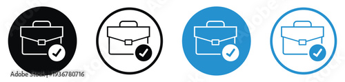 Professional briefcase icon with a checkmark symbol. Illustrates successful job completion, approved applications, verified work, or finished business tasks. Modern outline and solid styles.