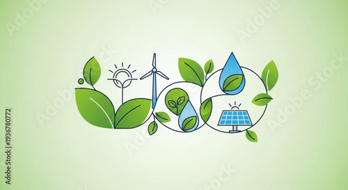 Eco friendly energy sources concept with green leaves and blue icons on light green background