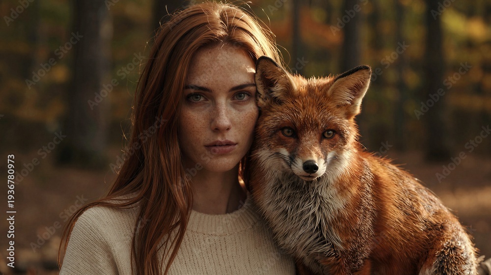 Fototapeta premium A woman with fiery red hair and a vibrant red fox sit together in a serene forest glade at dawn's soft light, surrounded by the gentle rustle of leaves and the quiet majesty of