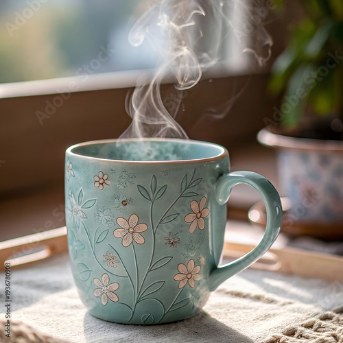 Aesthetic mug with steam rising, soft morning light, cozy atmosphere.
