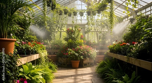 Serene greenhouse pathway surrounded by lush plants and vibrant flowers, viewed from a tranquil wooden walkway on a sunny day.
