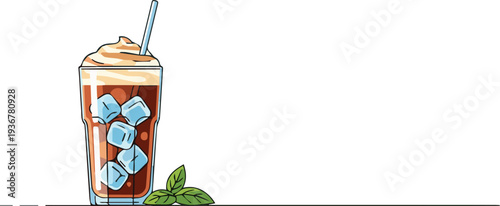 A tall glass of iced coffee drink topped with cream and a straw, accompanied by mint leaves, from a close-up front viewpoint.