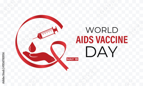 World AIDS Vaccine Day ,Minimal red ribbon and medical vaccine symbols representing awareness with clean vector style. Syringe, vial, ribbon, and medical icons symbolizing global AIDS vaccine .