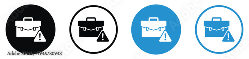 Business briefcase icon with an exclamation warning sign. Represents portfolio risk, job alerts, work errors, or urgent professional notifications. Clean flat design in black and blue variations.