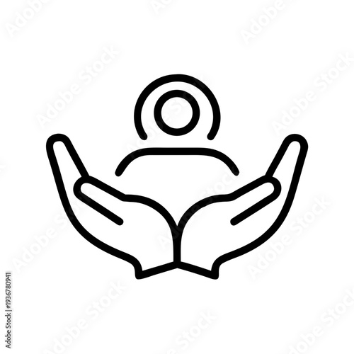 Symbol of hands cradling a simplified person icon, representing human resources, client care, and employee support. Clean vector.