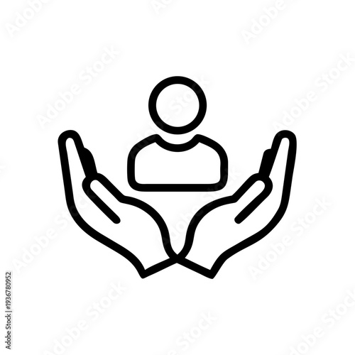 Two cupped hands gently protecting a single person icon, symbolizing care, protection, and personal welfare. Vector art.