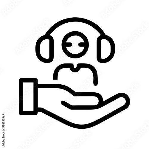 Hand holding headphones with a person silhouette, symbolizing customer service, support, or technical assistance. Line art icon.