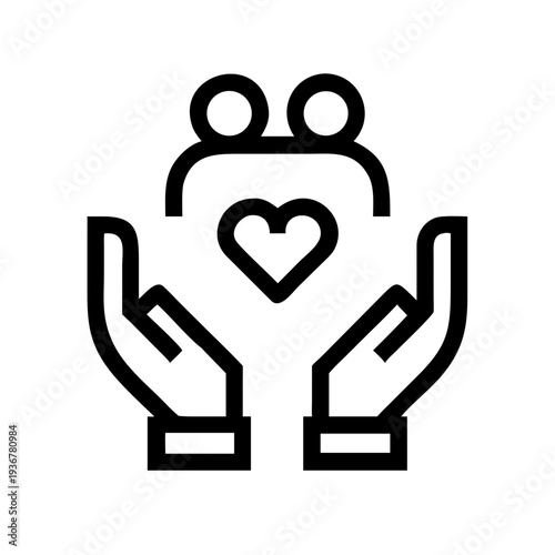 Two hands holding a heart icon above two people figures, signifying love, care for couples or family, and relationships. Vector art.