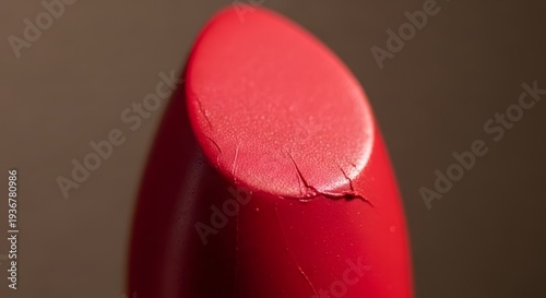 A close-up view of a damaged red lipstick tip showcasing a crack and chip on its surface