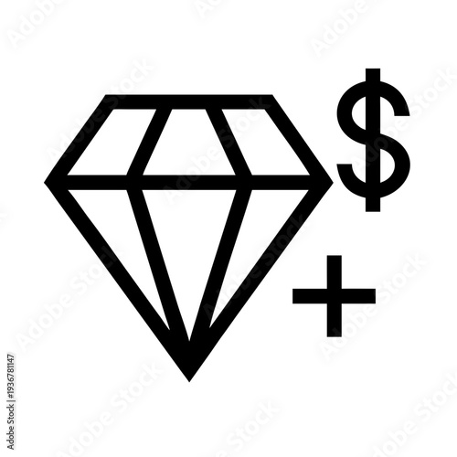 A black vector graphic of a diamond with a dollar sign and plus symbol, representing luxury and wealth.