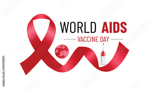 World AIDS Vaccine Day ,Minimal red ribbon and medical vaccine symbols representing awareness with clean vector style. Syringe, vial, ribbon, and medical icons symbolizing global AIDS vaccine .