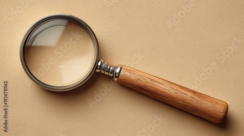 Magnifying glass with a wooden handle on a solid background, minimal composition with soft lighting.