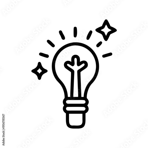 Simple black and white outline icon depicting a shining light bulb with sparkling stars representing a bright new idea or innovative concept in graphic design.