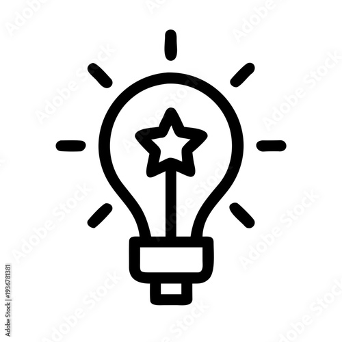 Simple black line art icon depicting a glowing lightbulb containing a prominent five pointed star symbolizing a bright idea or brilliant solution for various concepts.