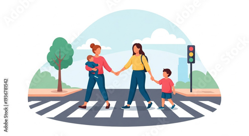 Happy family crossing street at pedestrian traffic light in sunny urban park
