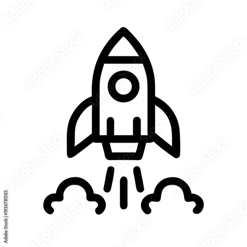 A minimalist vector graphic of a rocket ship launching into space with clouds of smoke
