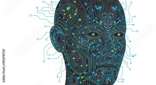 Futuristic humanoid robot head with circuit board pattern and neon lights on white background representing artificial intelligence and technology