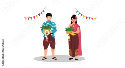 Traditional Indian couple in colorful wedding attire holding gifts under festive decorations