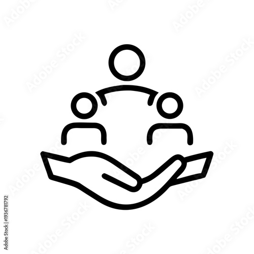 A minimalist vector graphic illustrating protection and care with a hand shielding three people