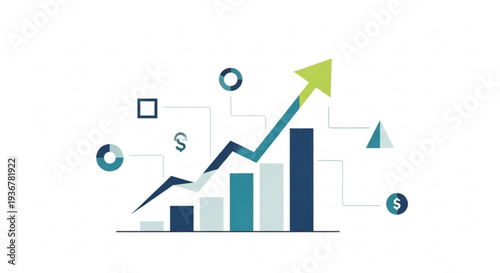 Business growth chart with increasing graph and financial symbols representing success and profit