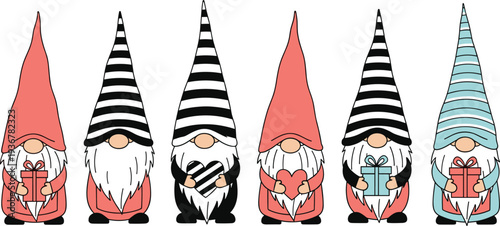 Cute Christmas Gnomes with Gifts and Striped Hats Cartoon Vector Illustration Set
