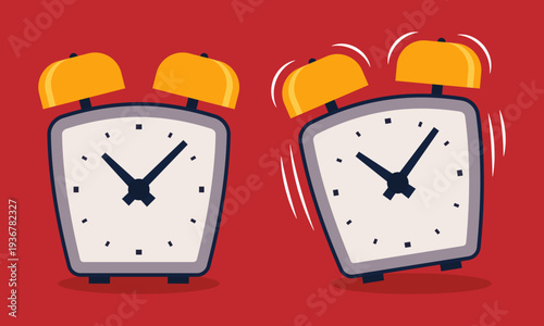 Retro silent and ringing analog alarm clocks. Morning wake up and ringing alert vector illustration for concepts involving morning wake-up calls, time management, deadlines, reminders, schedules