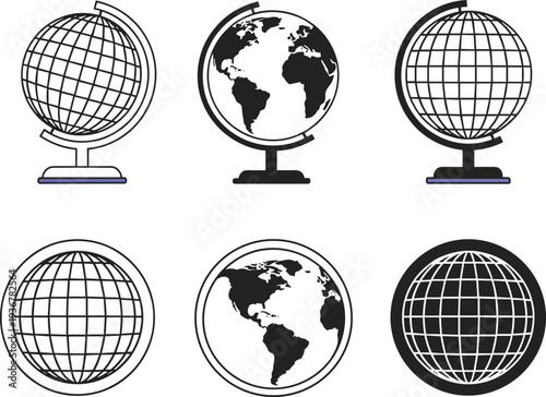 Globe Icons Set World Map and Geographic Sphere Vector Illustration
