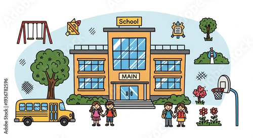 Colorful School Building with Students and Playground.