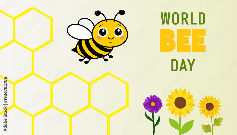 Obraz premium World Bee Day banner, May 20, featuring a cute cartoon bee, honeycomb pattern, and colorful flowers with English typography on a light background.