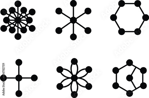 Abstract black geometric network icons and node connection symbols isolated on white, featuring various circular link structures for technology, data science, and digital communication.