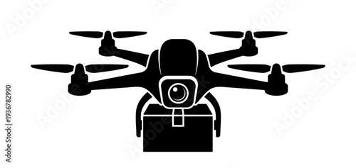 Black drone with delivery box icon, without background
