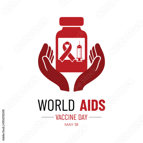 World AIDS Vaccine Day ,Minimal red ribbon and medical vaccine symbols representing awareness with clean vector style. Syringe, vial, ribbon, and medical icons symbolizing global AIDS vaccine .