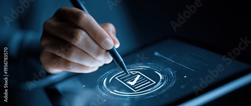 Hand signing document with a stylus on a digital tablet screen