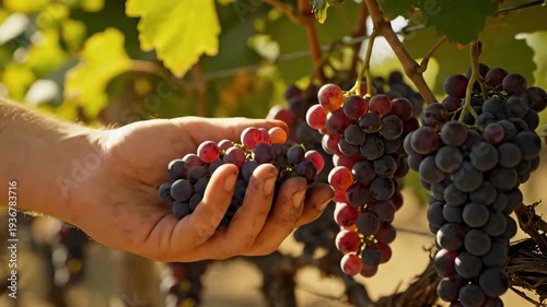 Harvesting grapes - A close-up view of a hand picking ripe grapes from the vine.