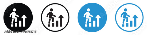 Figure climbing steps with a rising arrow, symbolizing career advancement and personal development. Perfect for success, growth, promotion, and professional achievement concepts.