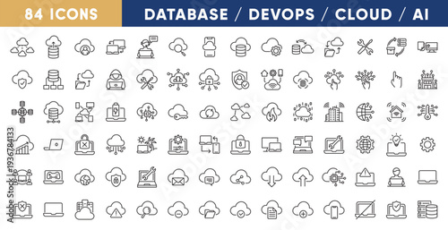 Technology Mega Line Icon Set – Database, DevOps, Cloud Computing, AI, Security and Network Outline Collection