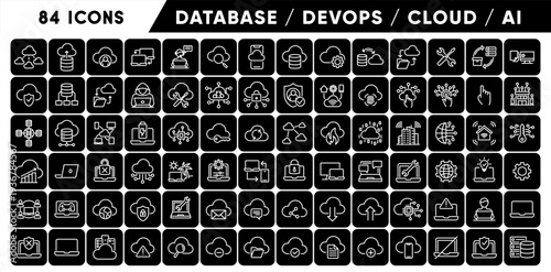 Dark Mode Technology Line Icon Set – Database, DevOps, Cloud, AI, Security and Network Collection