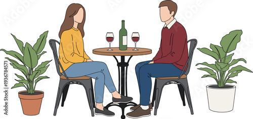Couple Sitting at Cafe Table Drinking Wine Romantic Date Vector Illustration