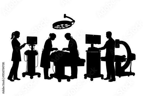 Silhouette of medical team performing surgery in operating room.