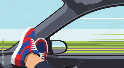 Relaxed traveler's feet in colorful sneakers on car dashboard during a scenic road trip, symbolizing freedom, adventure, and a carefree journey.