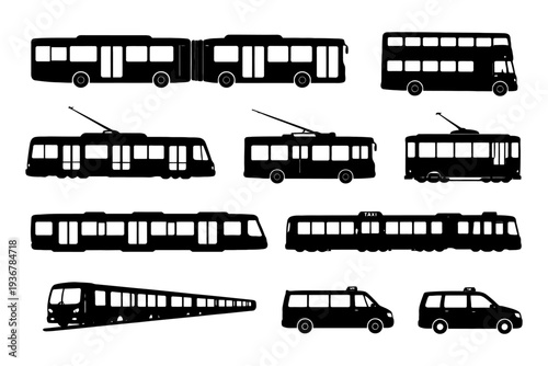 Silhouette set of various public transport vehicles and taxis.