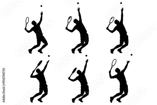 Silhouettes of male tennis players serving in various poses.