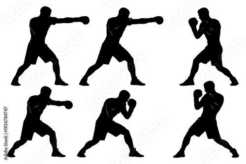 Silhouettes of male boxers in various poses and stances.