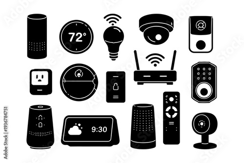 Smart home devices collection with gadgets for automation and security.