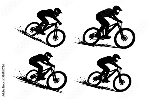 Silhouettes of cyclists in action: mountain bike adventure and speed.