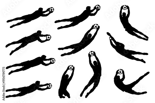 Silhouettes of goalkeeper saves with soccer ball in various athletic poses.