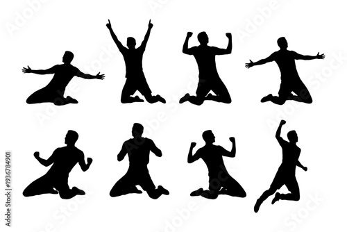 Silhouettes of energetic male figures in victory poses on white background.