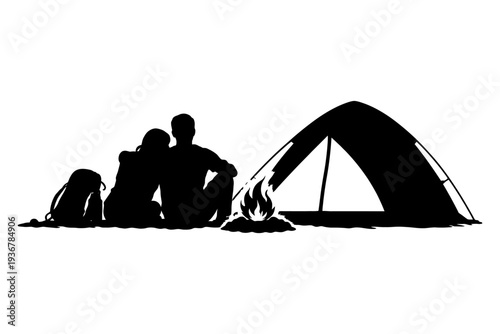 Silhouette of couple camping by tent with campfire.