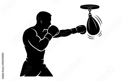 Silhouette of male boxer practicing with punching bag.